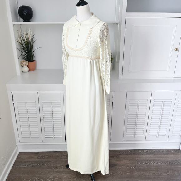 Vintage 60s Mod Handmade Peter Pan Collar Button Bib Lace Wedding Dress Size 0 - Picture 2 of 7